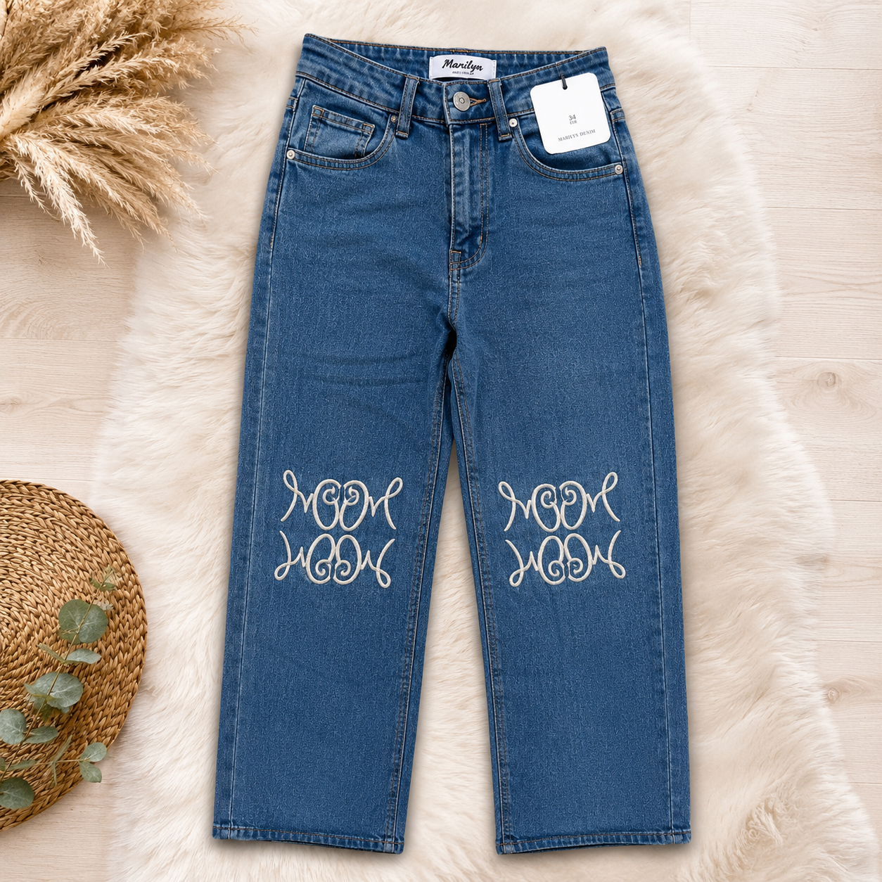 Jeans Wide Leg Bordado Azul | Pantalón Vaquero Recto Mujer Tendencia