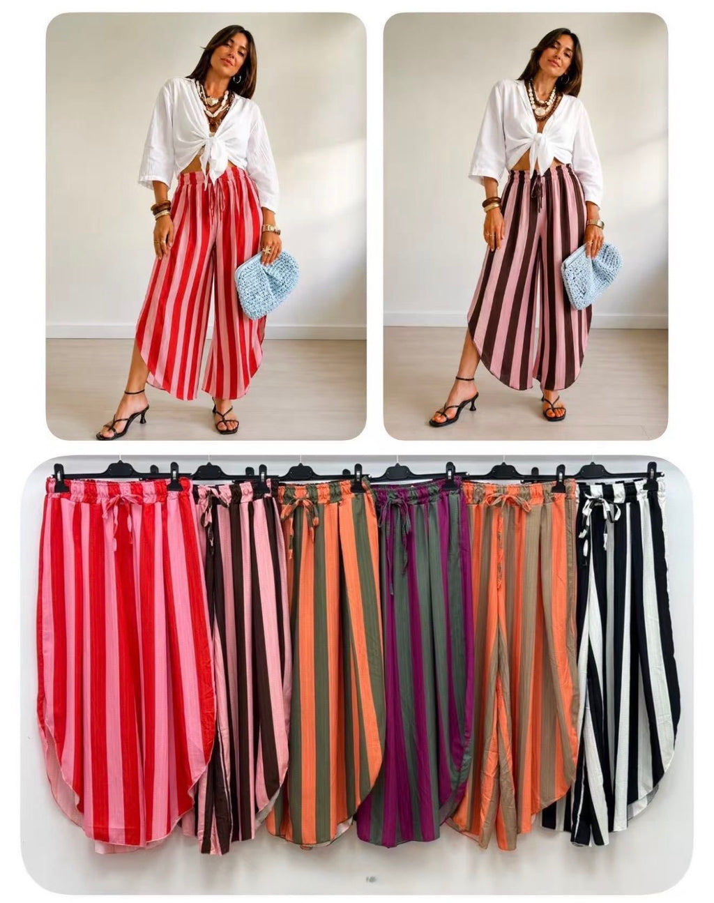 Pantalón Fluido de Rayas Verticales Pierna Ancha