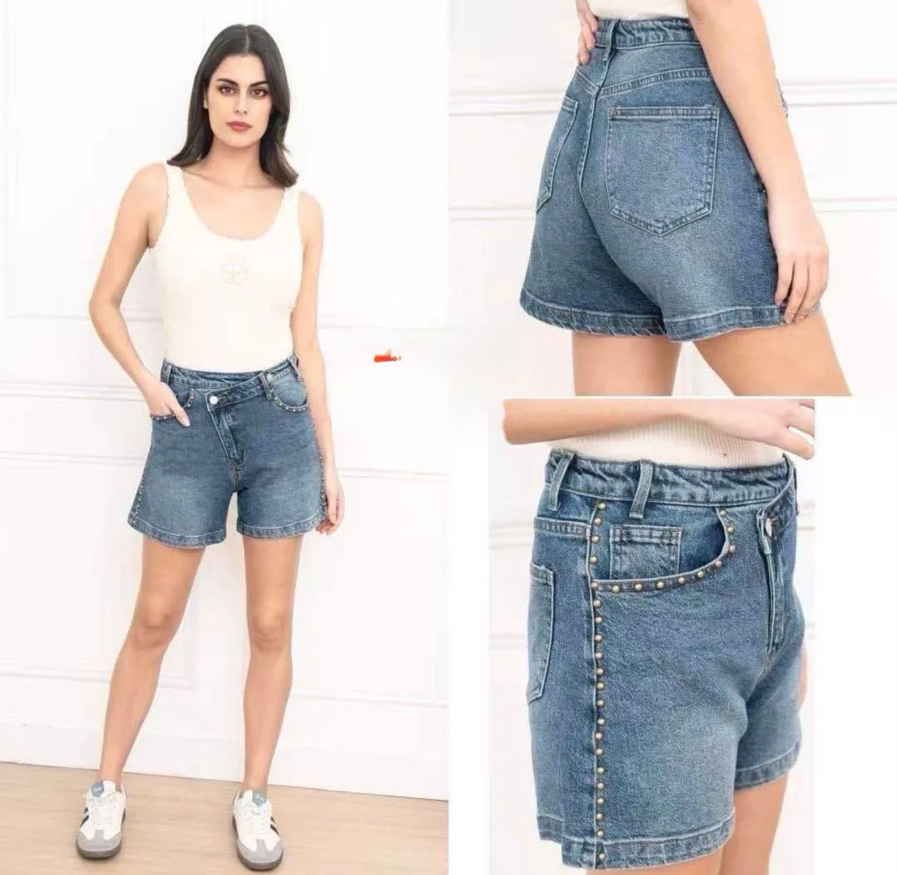 Short Vaquero de Tiro Alto con Tachas Decorativas – Denim Azul