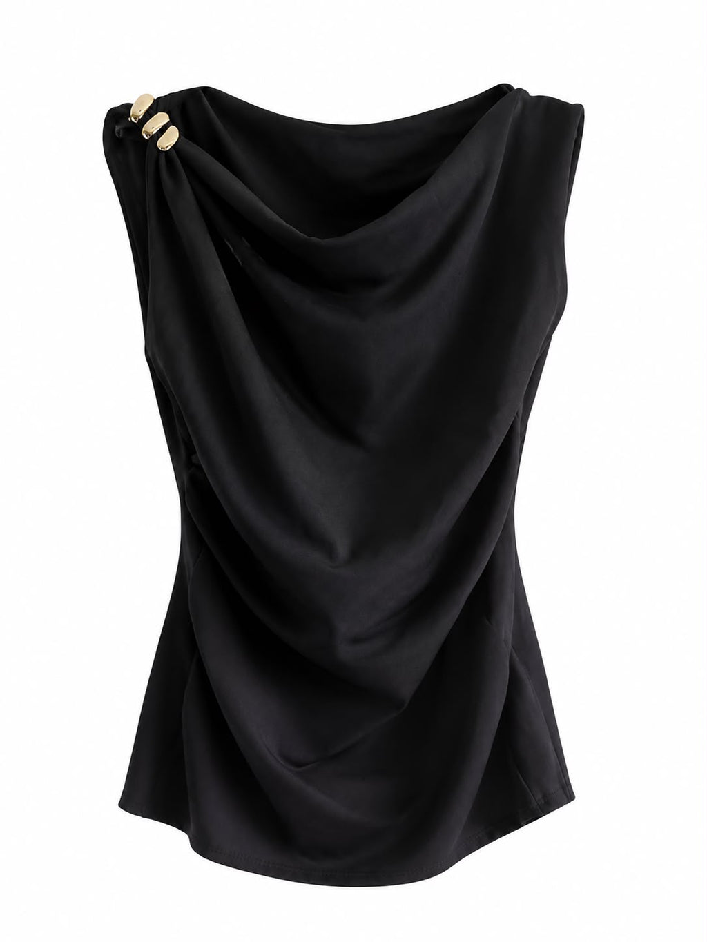 Top Noir – Drapeado con Detalle Dorado