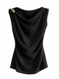 Top Noir – Drapeado con Detalle Dorado