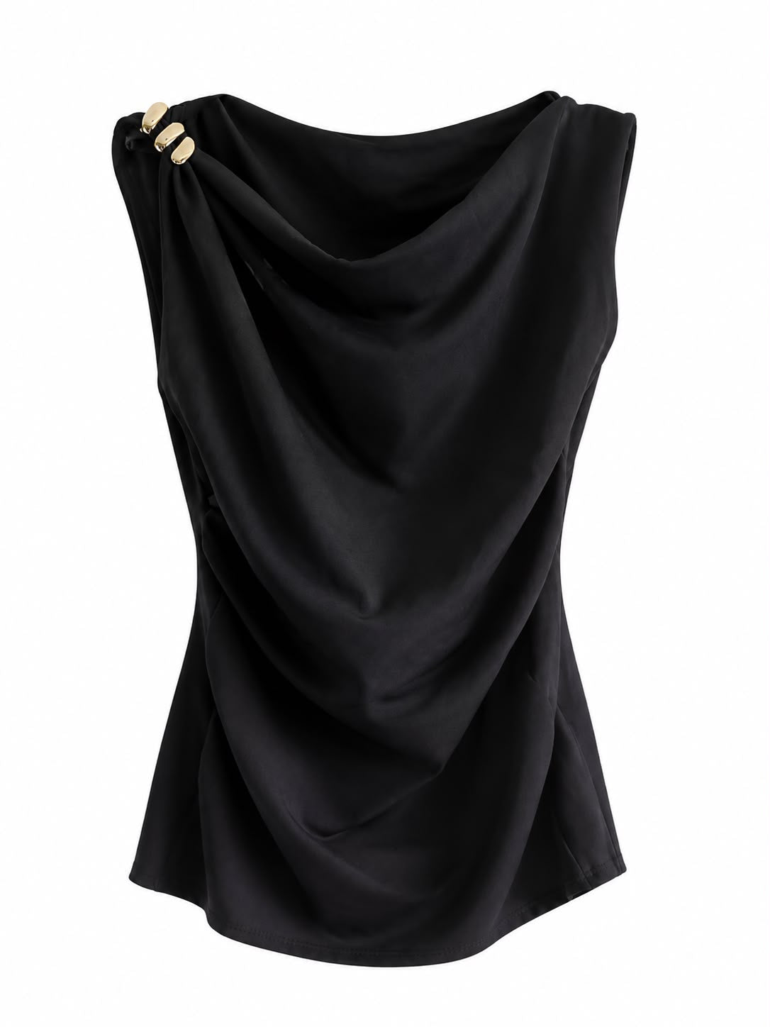 Top Noir – Drapeado con Detalle Dorado